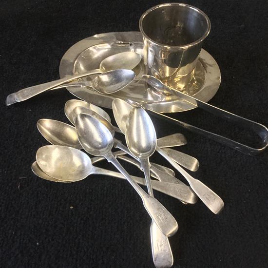 Silver tea spoons, sugar tongs, beaker & tray